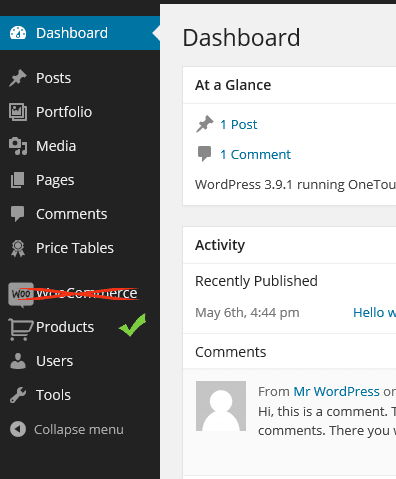 hide WooCommerce in dashboard menu for any role